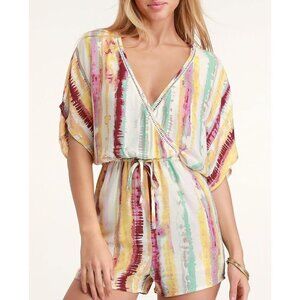 Lulus Watercolor Wonders Cream and Magenta Tie-Dye Romper Size X-Small